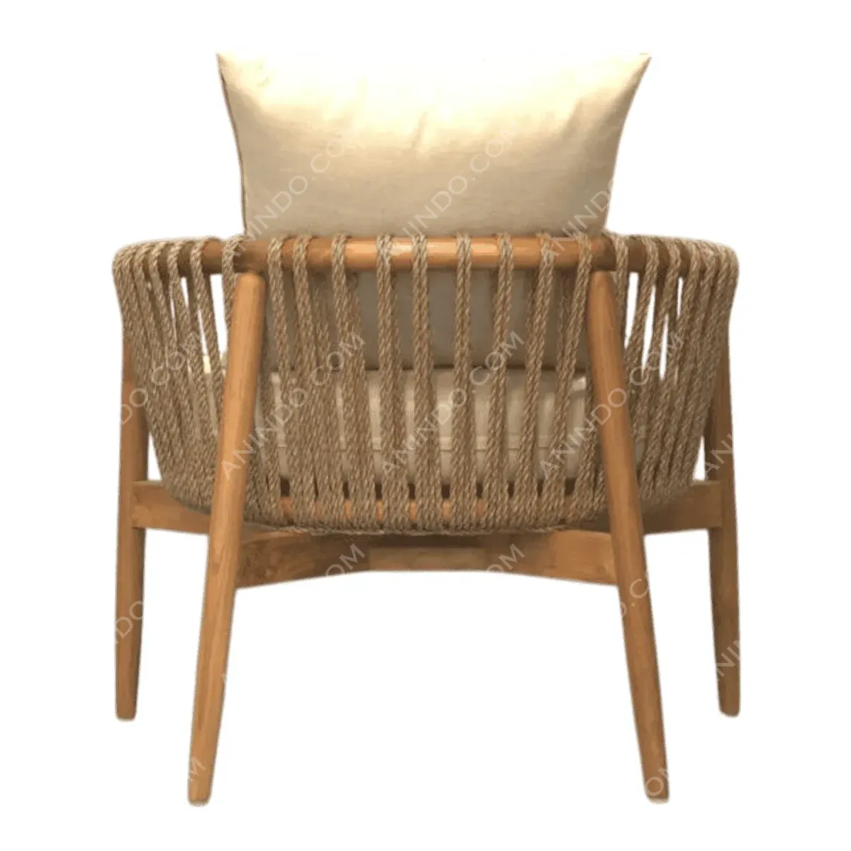 Back view of a woven chair with cushion.