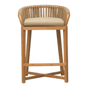 Stylish wooden bar stool with woven backrest.