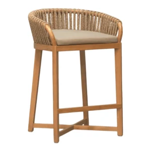 Modern wooden bar stool with woven backrest