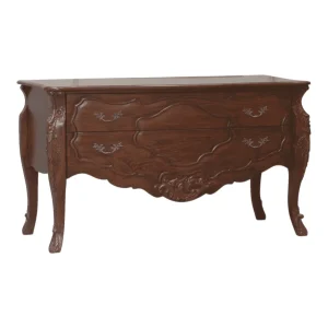 Elegant wooden dresser with intricate detailing.