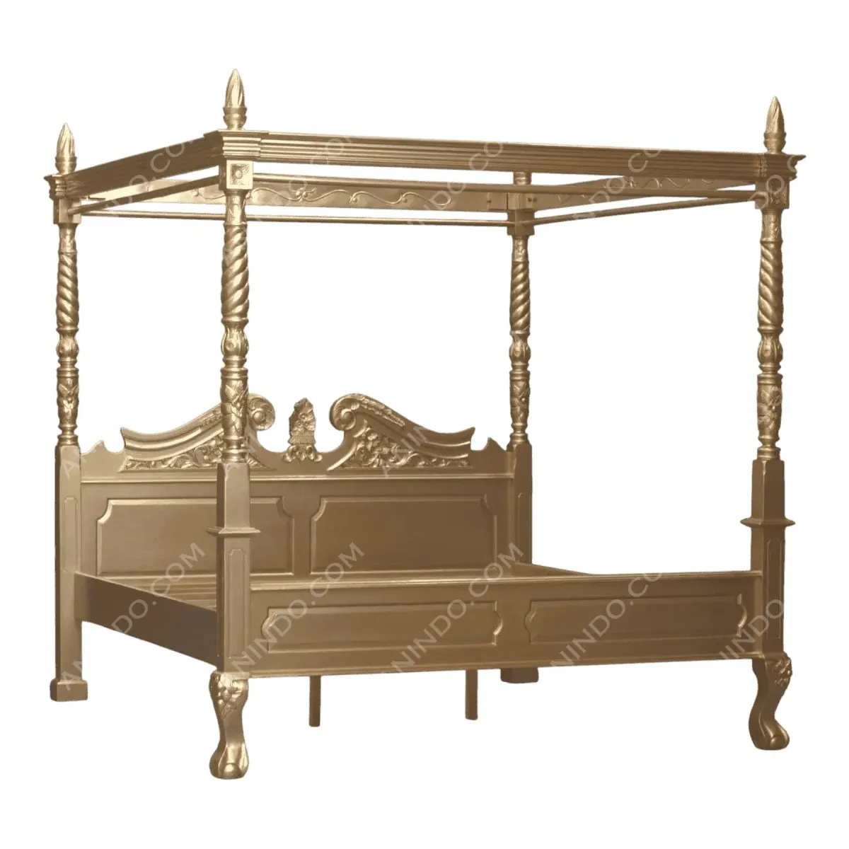 Elegant gold four-poster bed with intricate details.