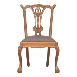 Ornate wooden chair with upholstered seat.