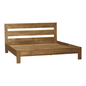 Wooden bed frame with slatted base design.