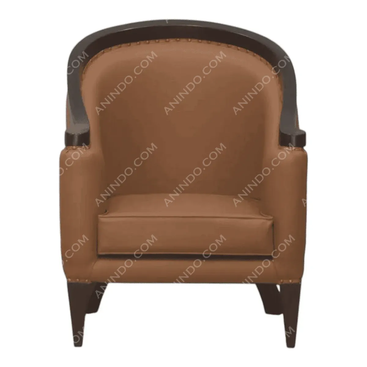 Brown upholstered armchair with wooden accents