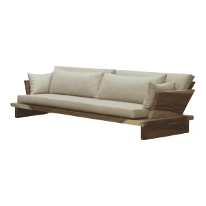 Modern beige sofa with wooden frame and cushions.