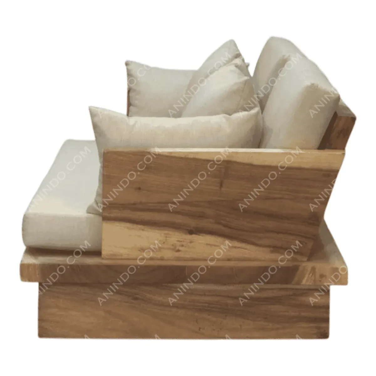 Stylish wooden sofa with plush cushions.