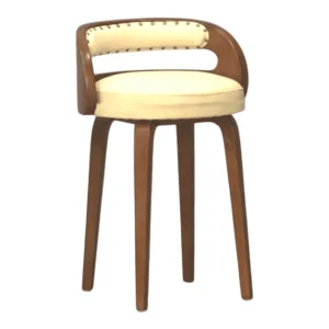Stylish wooden bar stool with cream cushion.