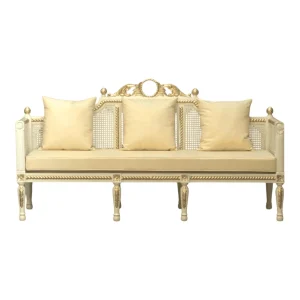 Elegant white sofa with beige cushions.