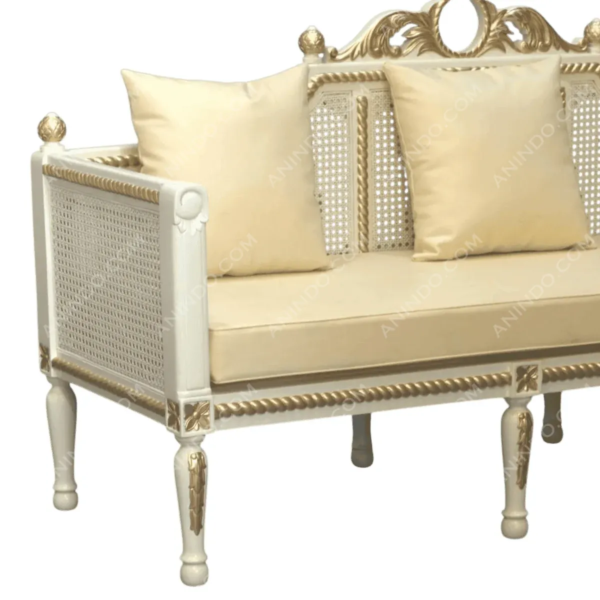 Elegant cream-colored loveseat with decorative accents.