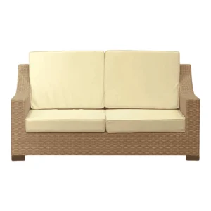 Cozy beige outdoor sofa with wicker frame.