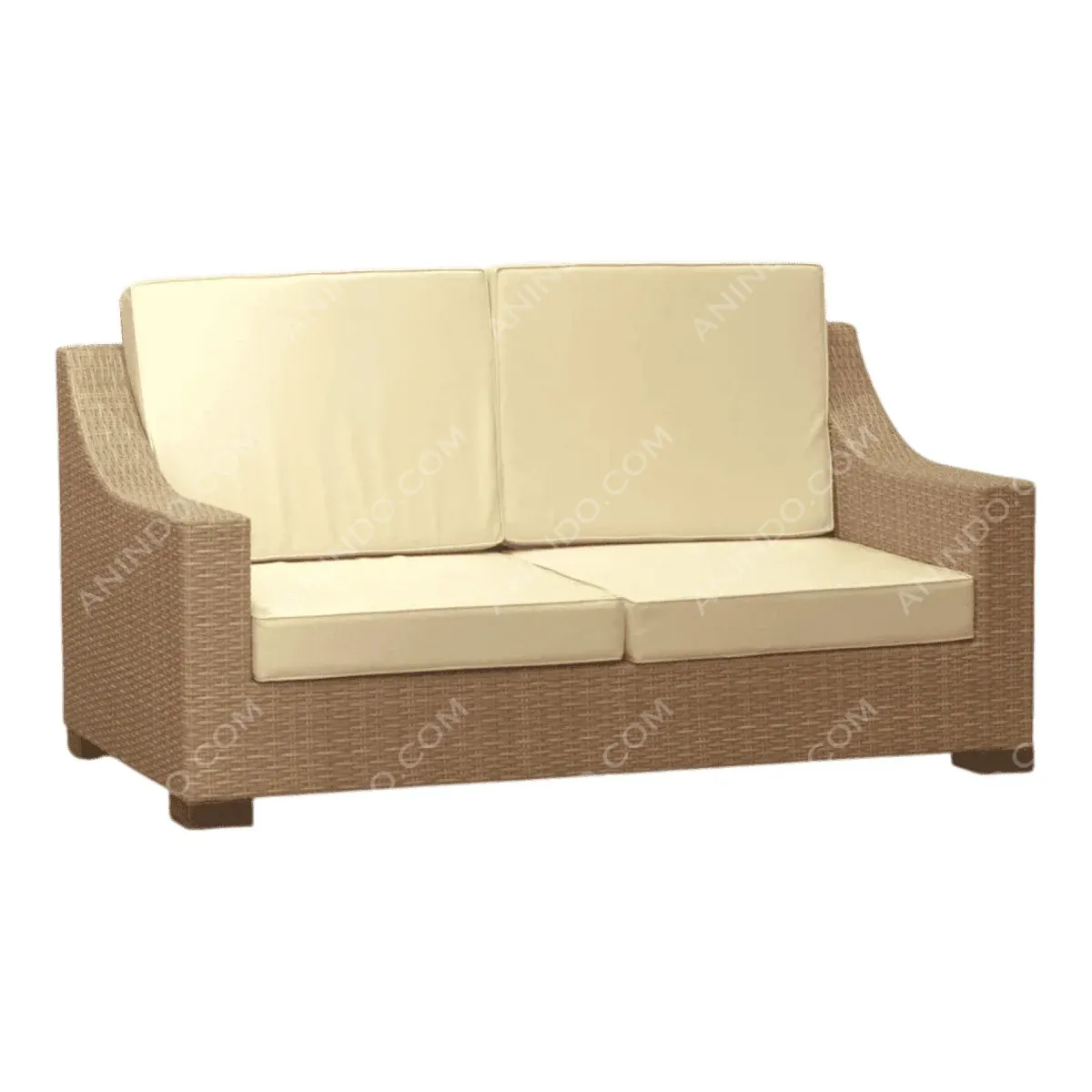 Cream-colored sofa with wicker frame.