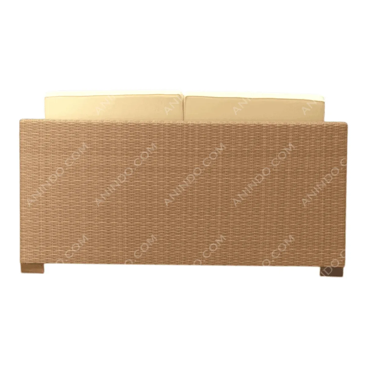 Modern brown woven back sofa with cream cushions.