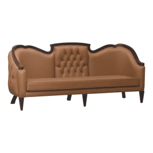Stylish brown tufted sofa with curved armrests