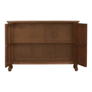 Wooden cabinet with open doors and shelves.