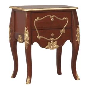 Elegant wooden side table with decorative gold accents.