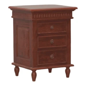 Brown wooden nightstand with three drawers.