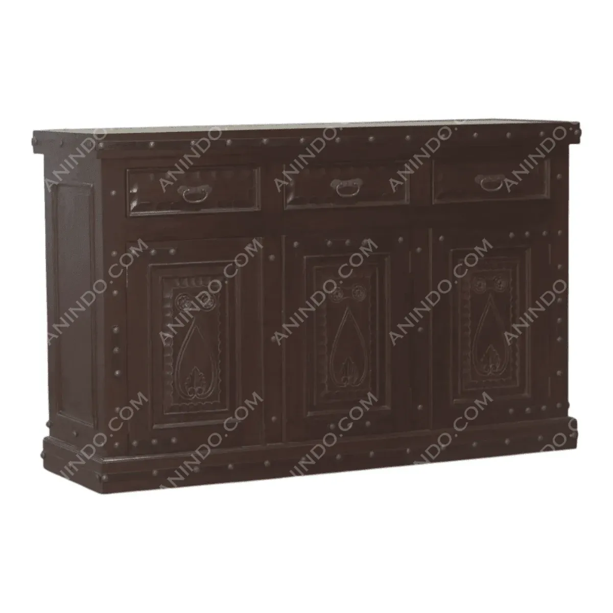 Decorative wooden sideboard with ornate design.