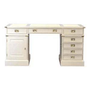 Elegant white desk with multiple storage drawers.