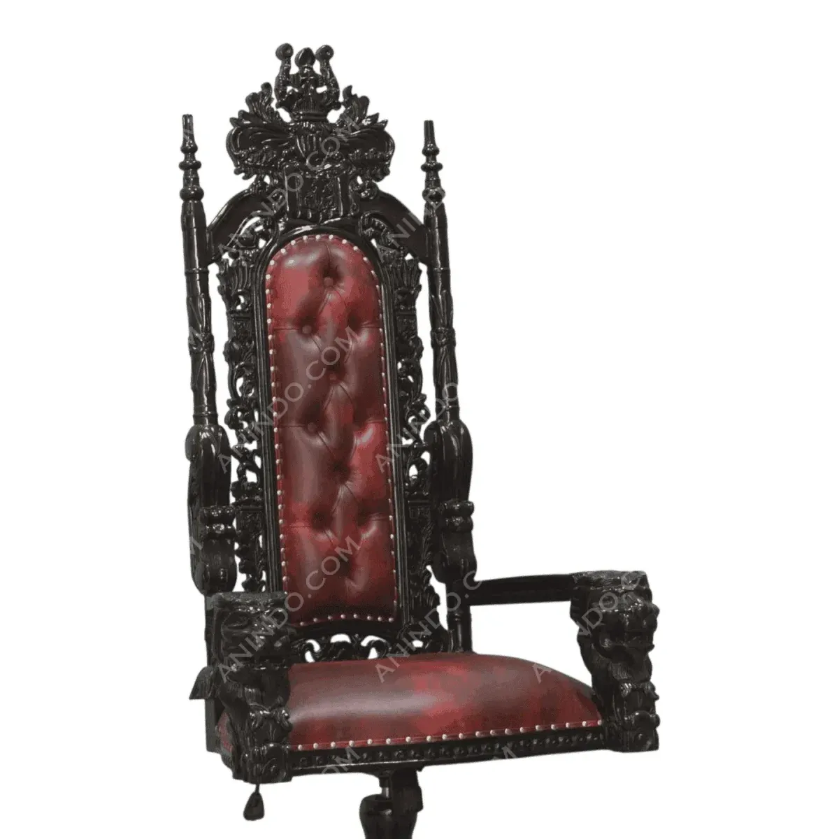 Ornate black throne chair with red upholstery.