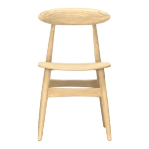 Minimalist wooden chair with a curved backrest.