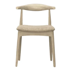 Minimalist wooden chair with a fabric seat.