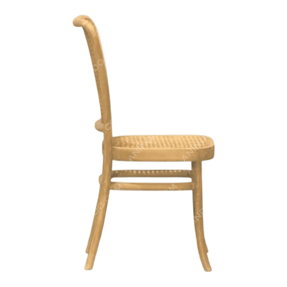 Side view of a wooden chair with cane seat.