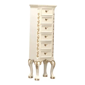 Elegant white chest of drawers with ornate legs.