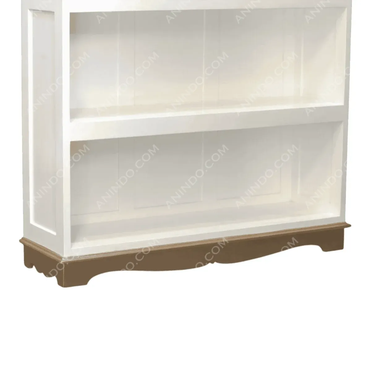 White wooden bookshelf with decorative base.