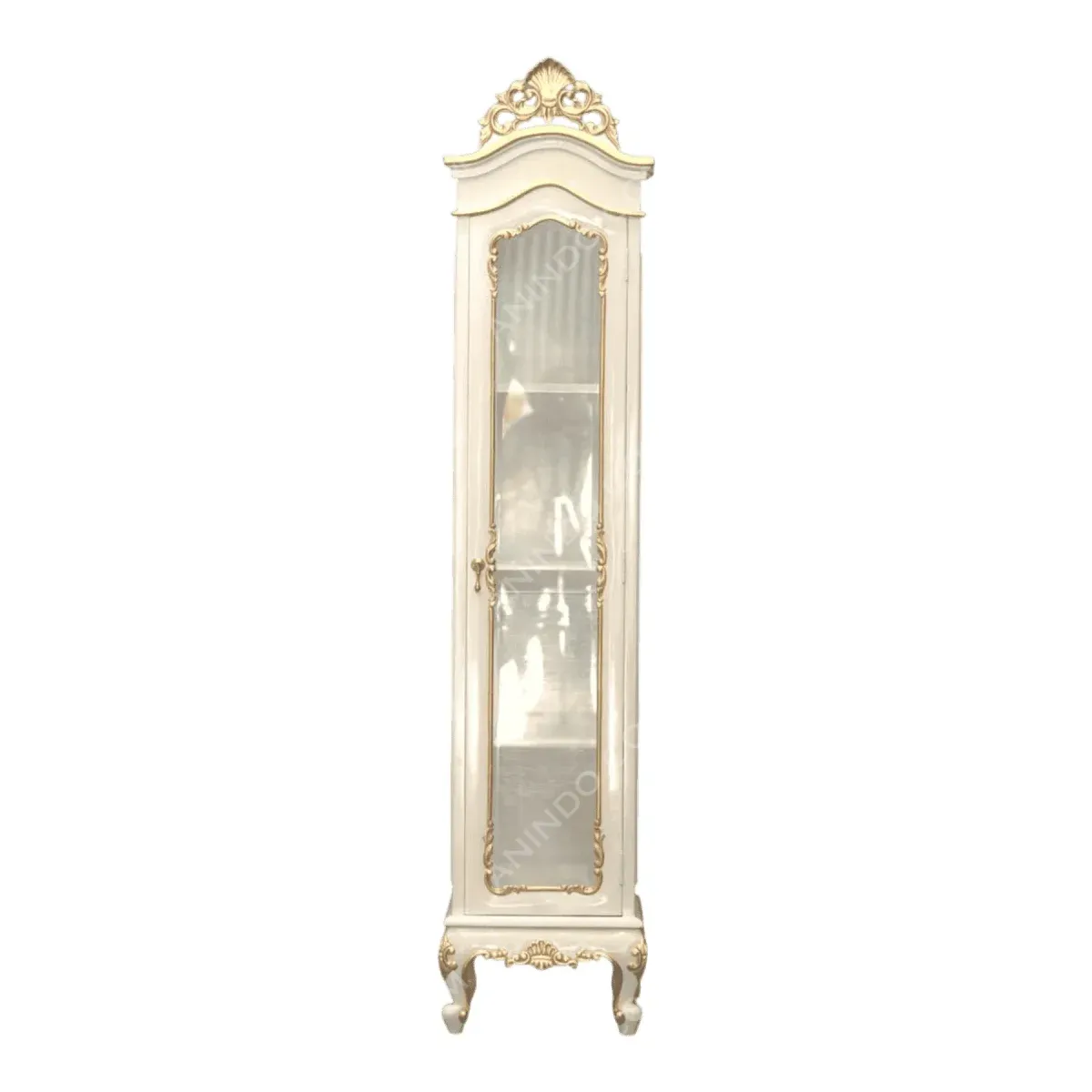Elegant white and gold display cabinet.