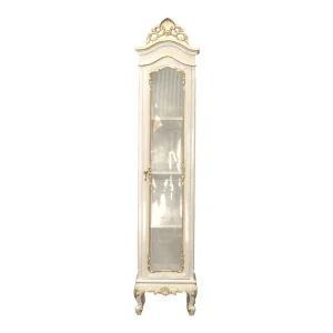 Elegant white and gold display cabinet.