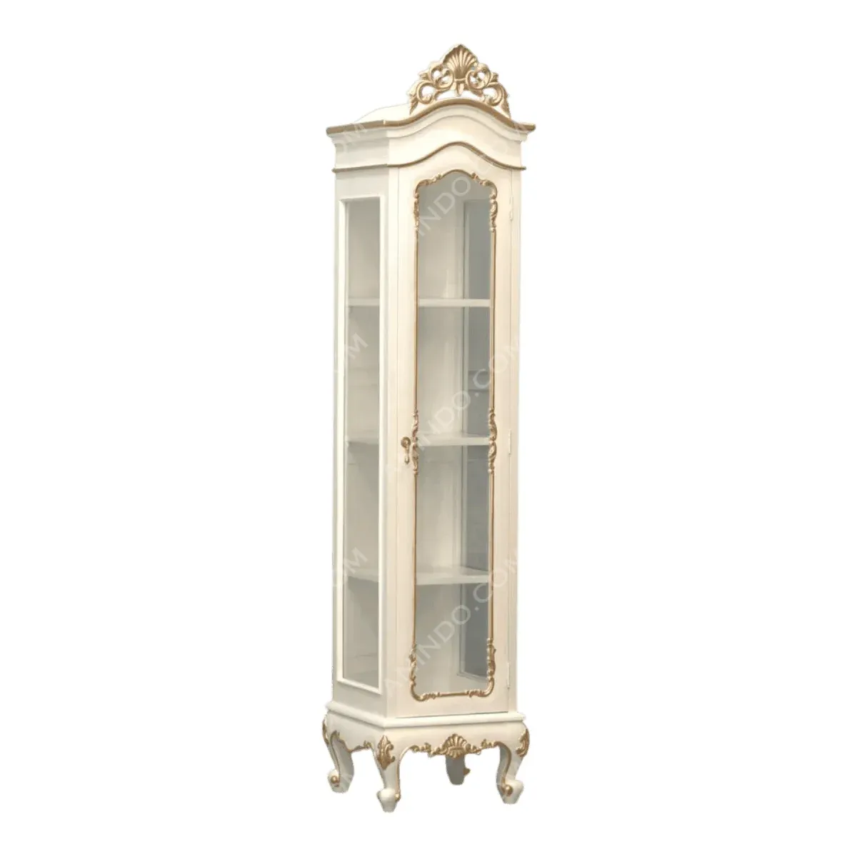 Elegant white display cabinet with glass doors.