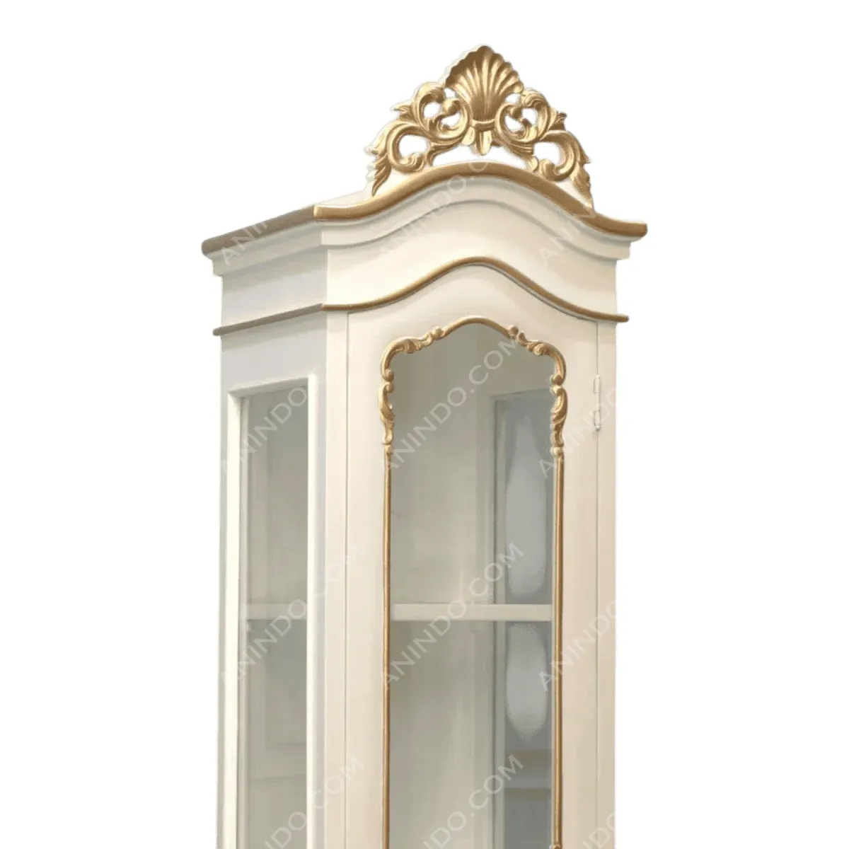 Elegant white display cabinet with golden accents
