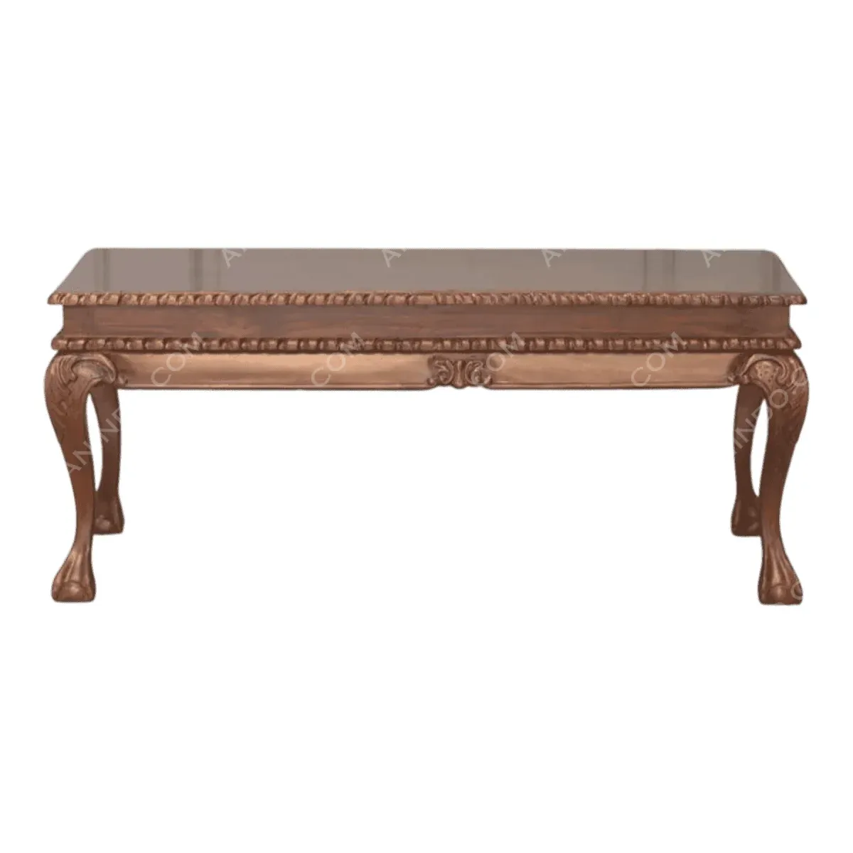 Elegant brown wooden coffee table with intricate design.