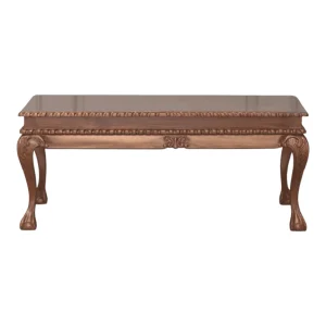 Elegant brown wooden coffee table with intricate design.