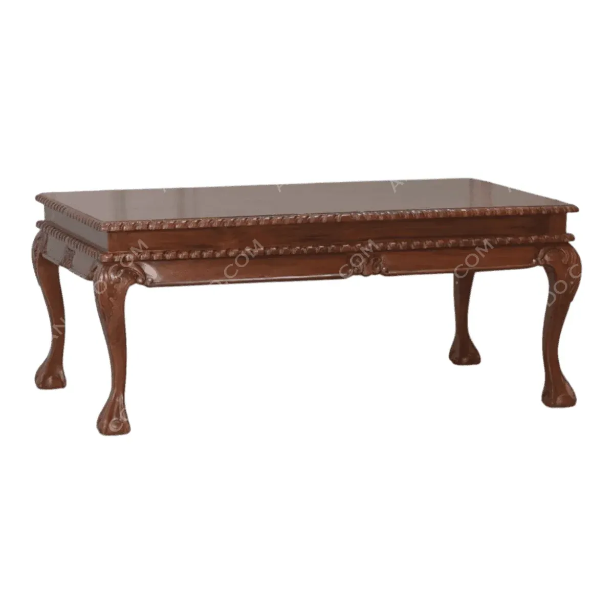 Elegant wooden coffee table with decorative legs.