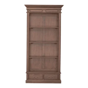 Solid wood bookcase with multiple shelves and drawers