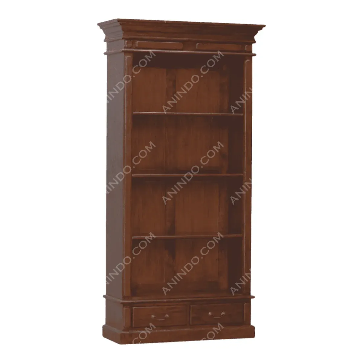 Wooden bookshelf with drawers and open shelves.