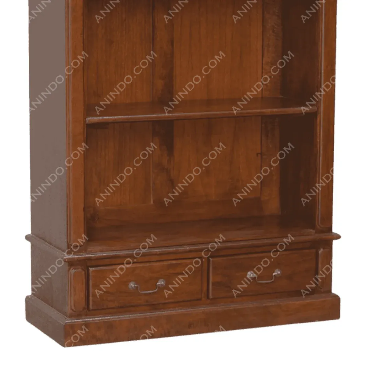 Wooden bookshelf with two drawers.