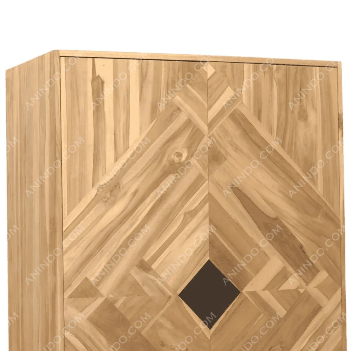 Wooden cabinet with unique geometric pattern.