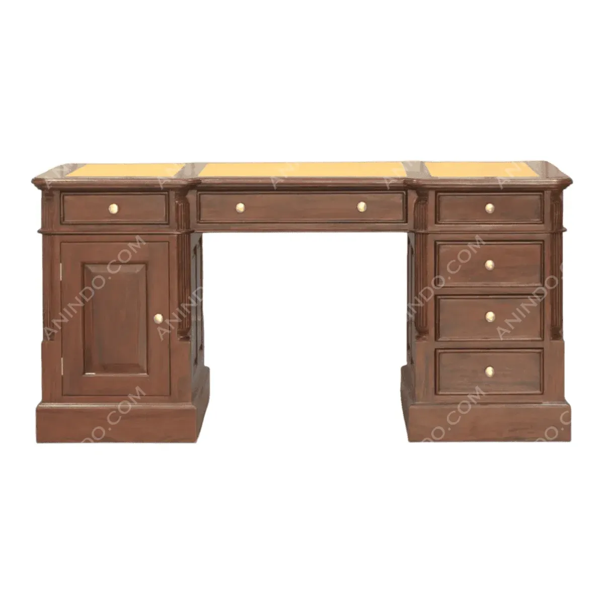 Wooden desk with multiple drawers and compartments