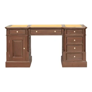 Wooden desk with multiple drawers and compartments