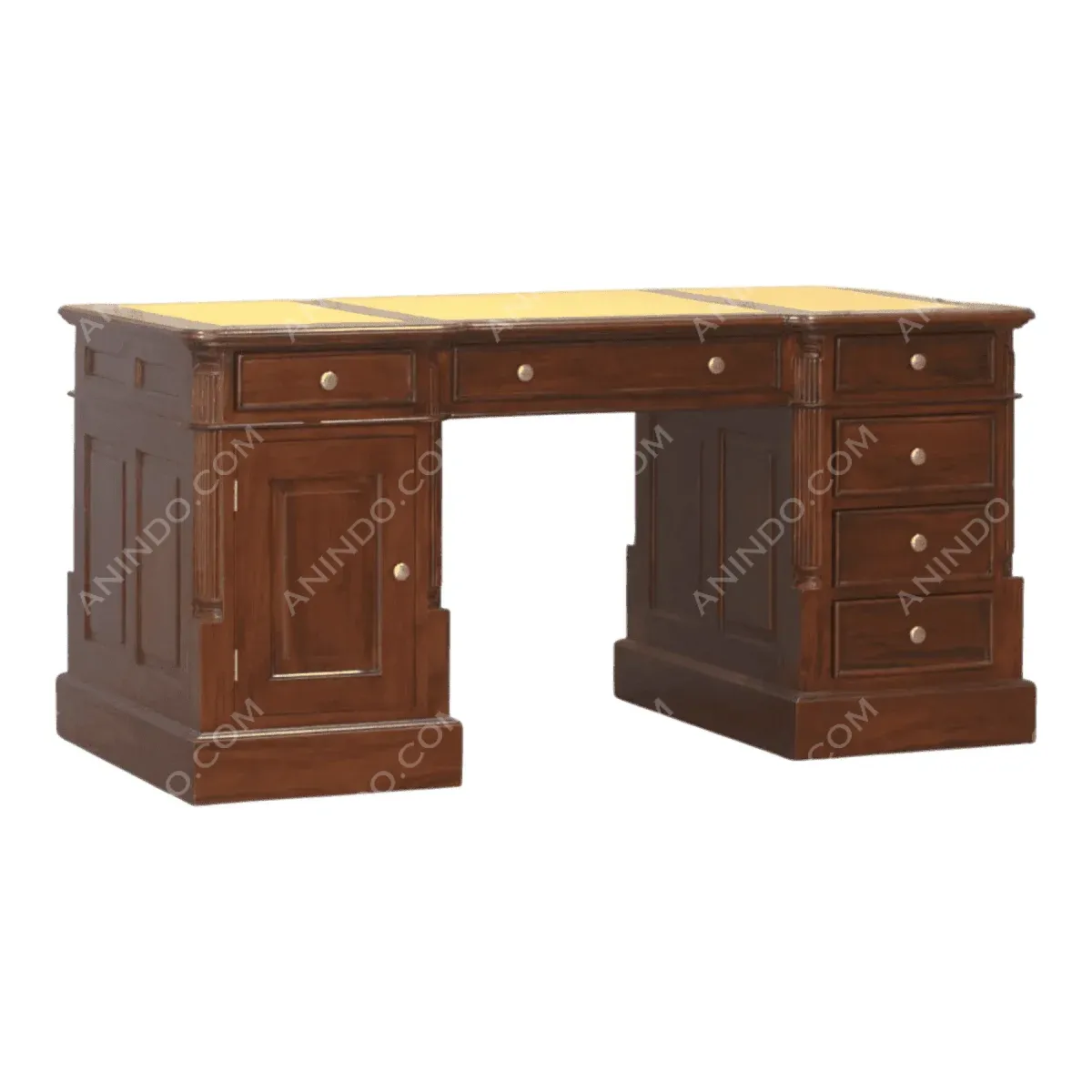 Wooden desk with multiple drawers and storage options