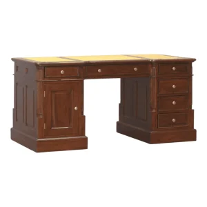 Wooden desk with multiple drawers and storage options