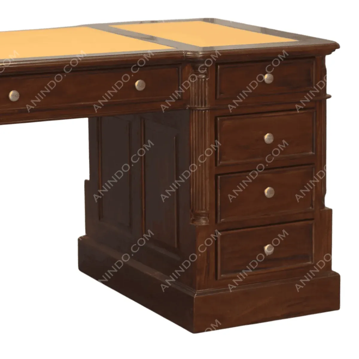 Elegant wooden desk with multiple drawers.