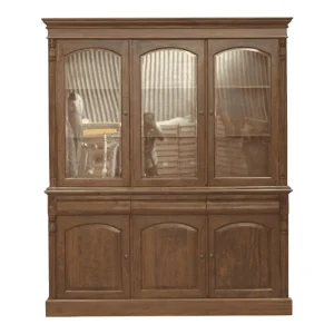 Wooden cabinet with glass doors and drawers.
