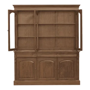 Wooden cabinet with open doors and shelves