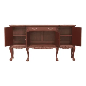 Elegant wooden sideboard with open doors.
