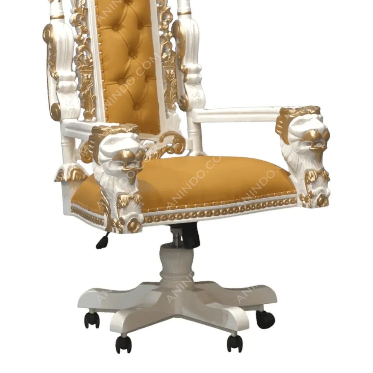 Ornate swivel chair with lion armrests and gold accents