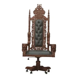 Ornate upholstered throne chair on wheels.