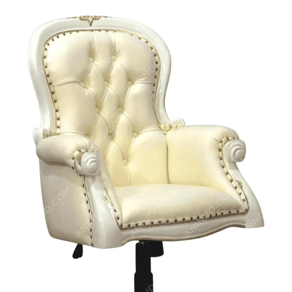 Elegant cream tufted armchair with decorative accents.
